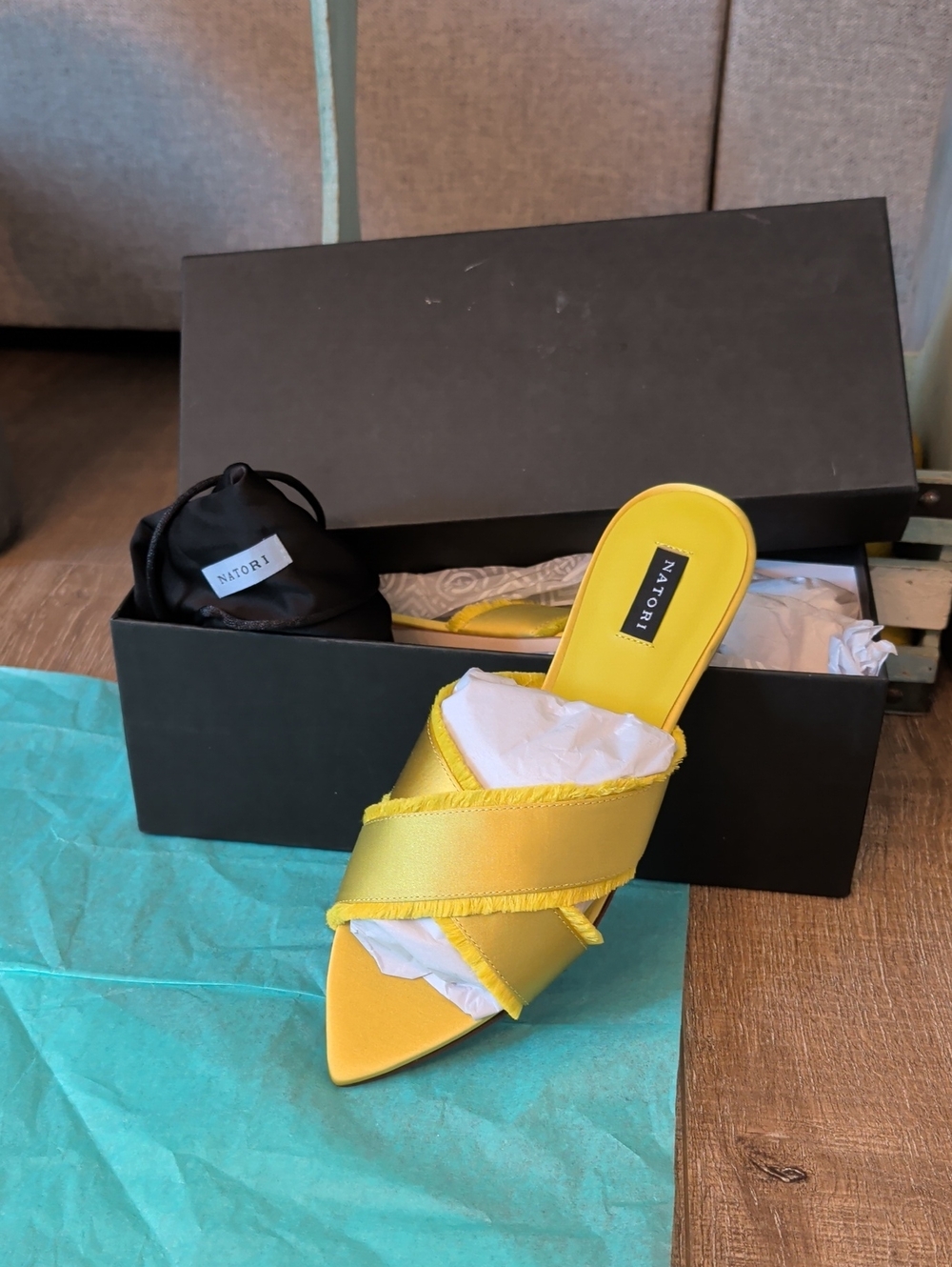 Natori Bright Yellow Satin Crisscross Slide Mule